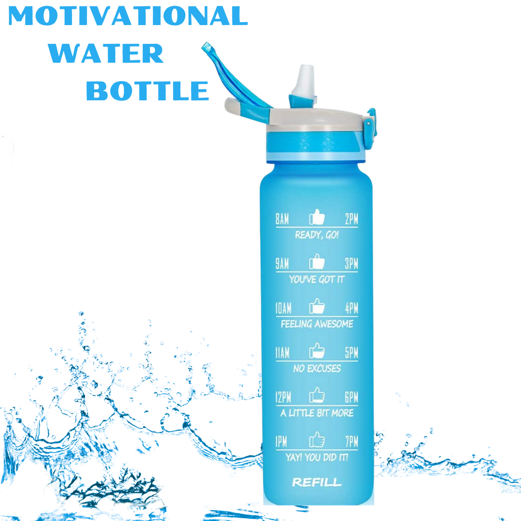 Reusable Motivational Water Bottle 32 oz With Time Marker BPA Free Cyan Blue