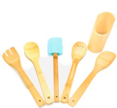Bamboo Utensil  6 Piece Set With Holder and Silicone Spatula*