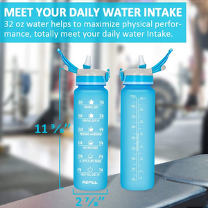 Reusable Motivational Water Bottle 32 oz With Time Marker BPA Free Cyan Blue