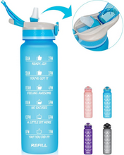 Load image into Gallery viewer, Reusable Motivational Water Bottle 32 oz With Time Marker BPA Free Cyan Blue
