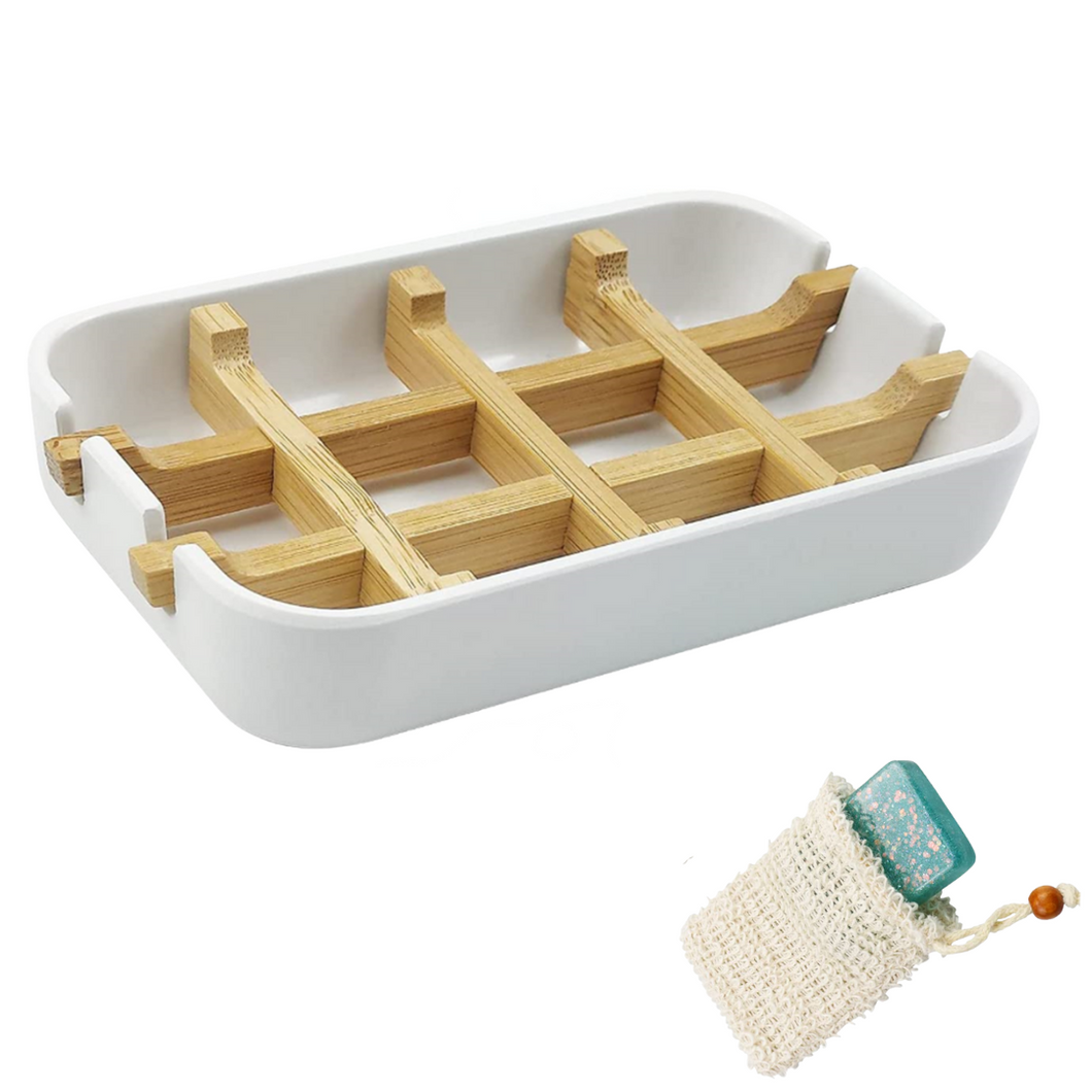 Collective Bamboo Soap Dish - Soap Saver Exfoiliating Bag